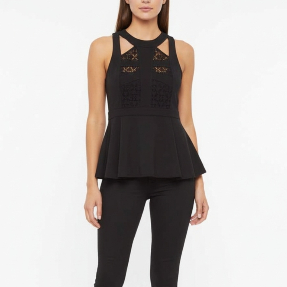 Lush Black Sleeveless Lace Cutout Peplum Top NWT Medium